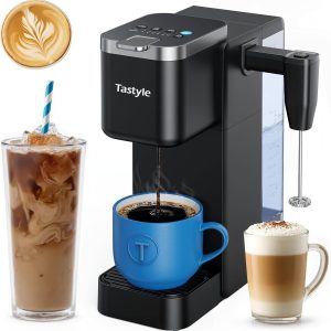 Versatile Single Serve Coffee Maker with Detachable Milk Frother – Brew Perfect Iced & Hot Coffee with K-Cups & Grounds, 40oz Reservoir, 6 Brew Sizes, Fits 7.3” Travel Mugs – Stylish Black
