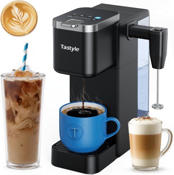 Versatile Single Serve Coffee Maker with Detachable Milk Frother – Brew Perfect Iced & Hot Coffee with K-Cups & Grounds, 40oz Reservoir, 6 Brew Sizes, Fits 7.3” Travel Mugs – Stylish Black