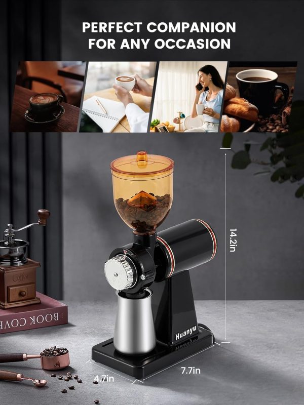 Huanyu Electric Stainless Steel Coffee Grinder – 8 Adjustable Flat Burr Settings for Perfect Home Brewing – Sleek Black Design - Image 7