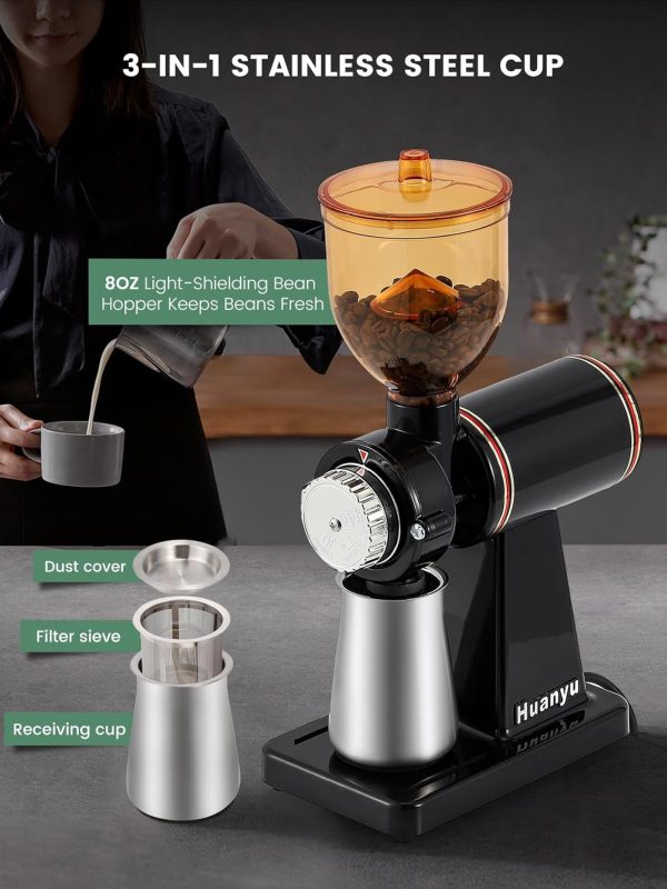 Huanyu Electric Stainless Steel Coffee Grinder – 8 Adjustable Flat Burr Settings for Perfect Home Brewing – Sleek Black Design - Image 5