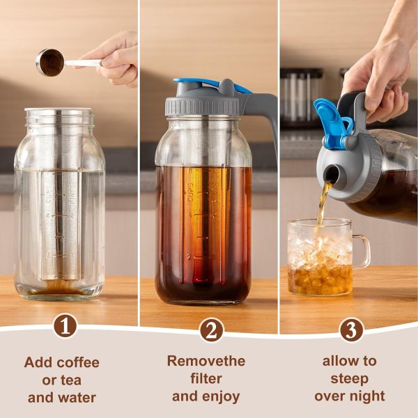 64 oz Cold Brew Coffee Maker – Durable Wide Mouth Glass Mason Jar with Stainless Steel Infuser for Perfect Iced Coffee & Refreshing Fruit Drinks! - Image 2