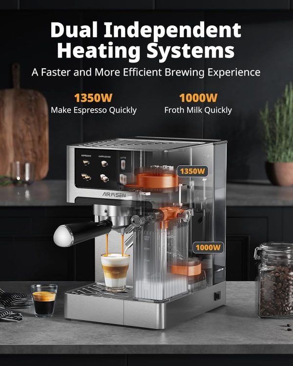 Elevate Your Coffee Experience: AIRMSEN 20 Bar Espresso Machine with Automatic Milk Frother – Quick Brew Dual Boiler (1350W + 1000W), Stainless Steel, 60oz Water Tank & Touchscreen for Perfect Cappuccinos & Lattes at Home! - Image 2