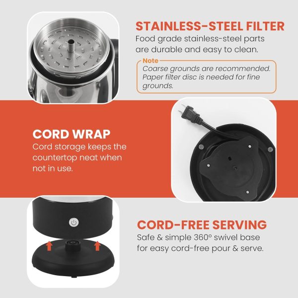 Elite Gourmet 12-Cup Stainless Steel Electric Coffee Percolator – Keep Warm Feature, Clear Brew Progress Indicator, Cordless Serving & Cool-Touch Handle - Image 6