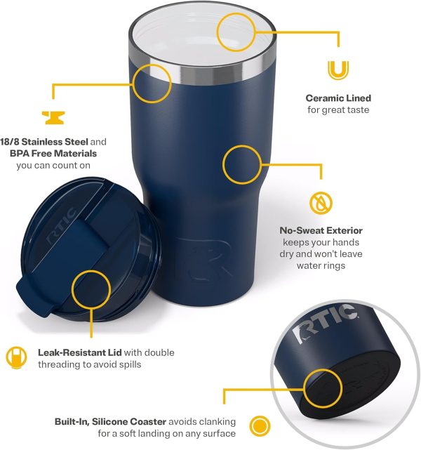 RTIC 20oz Insulated Stainless Steel Tumbler - Dual-Wall Vacuum Design | Perfect for Iced Coffee, Tea, and Hot Drinks | Navy Travel Mug with Lid - Image 4