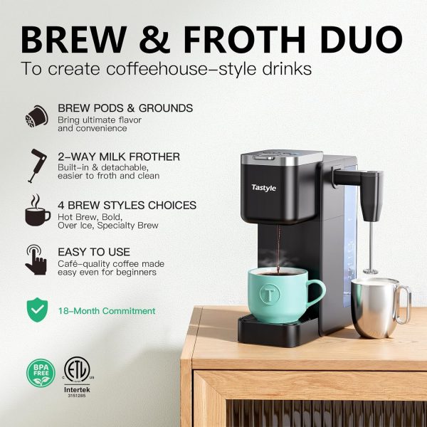 Versatile Single Serve Coffee Maker with Detachable Milk Frother – Brew Perfect Iced & Hot Coffee with K-Cups & Grounds, 40oz Reservoir, 6 Brew Sizes, Fits 7.3” Travel Mugs – Stylish Black - Image 2