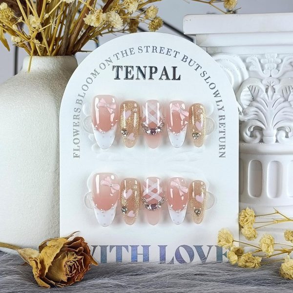 <p><strong>Glamorous Medium Reusable Almond Press-On Nails: Pink Cat Eye Glitter with Polka Dot French Tips, Hand-Painted Hearts & 3D Bow Rhinestones – Complete Princess K-Beauty Manicure Kit (Size S)</strong></p> - Image 7